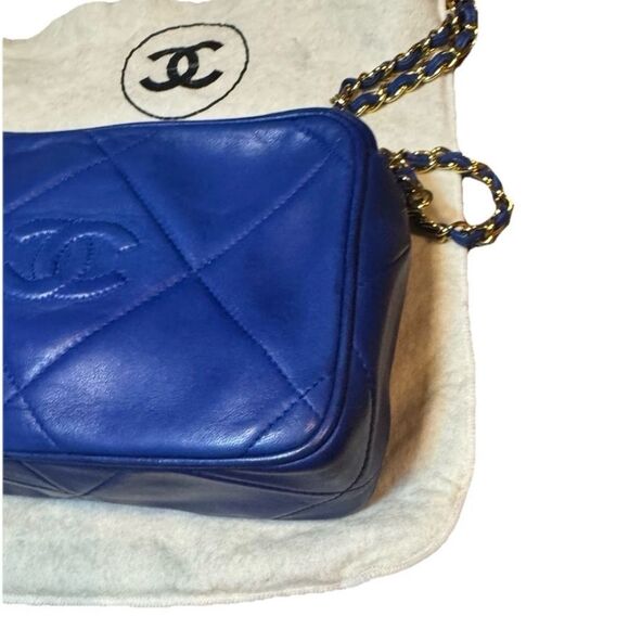 CHANEL Quilted Tassel CC Camera Bag Case Blue Lambskin Auth 1980s Crossbody - Picture 9 of 16
